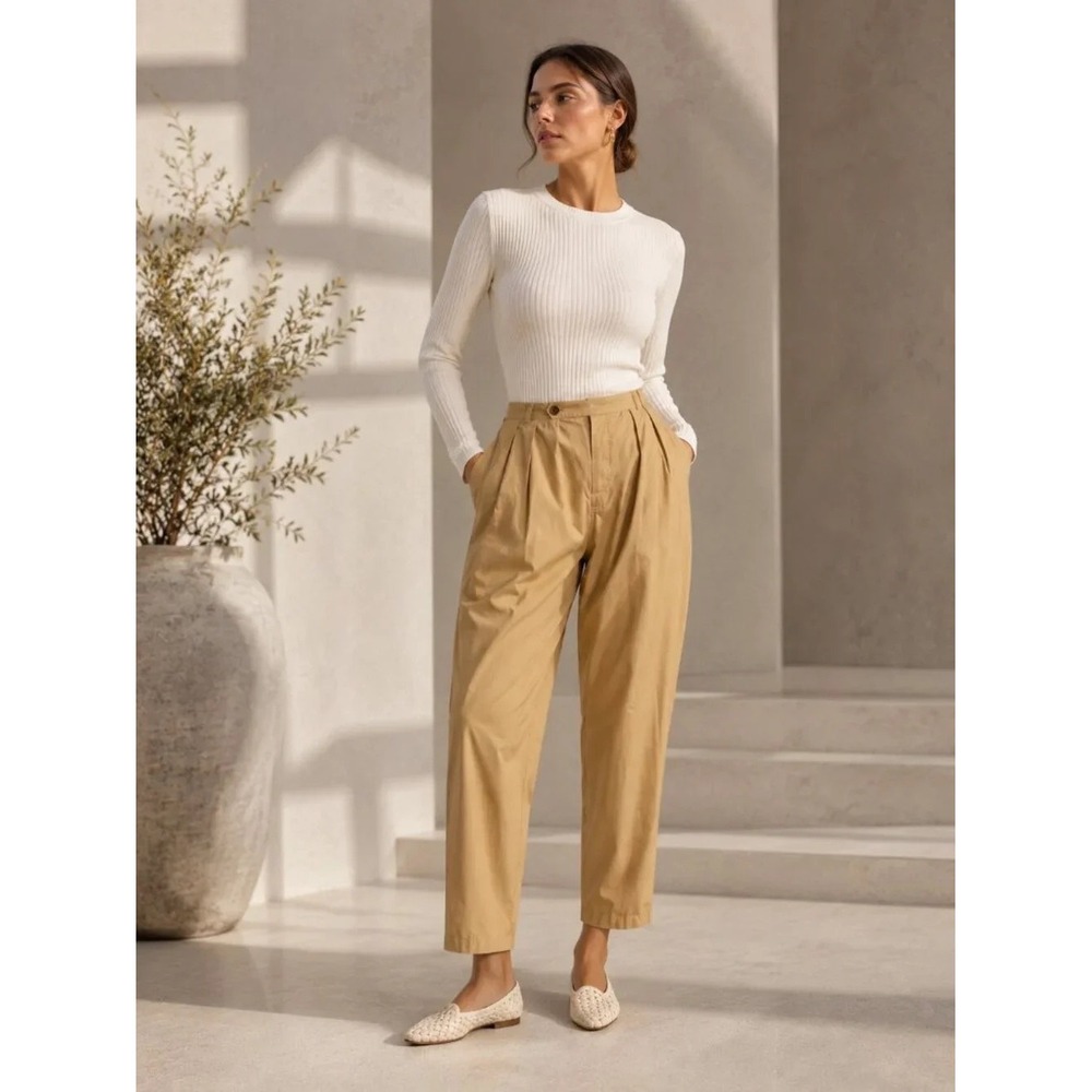 Doen Grover Trouser Size 10 Fieldstone Tan Barrel Pants Pleated Cotton